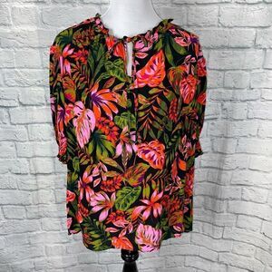 Terra & Sky women 1X 16W-18W tropical print short sleeve peasant top brand new